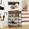 Multifunctional Entryway Storage - 5-Hook Coat Rack  2-Drawer Shoe Stand With 4 Mesh Shelves