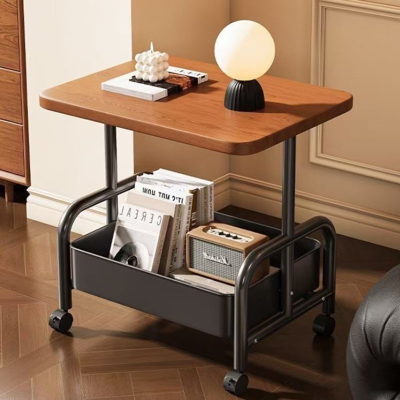 2 Tier Lightweight Sofa Side Table With Wheels & Storage Basket, Movable Storage Organizer Coffee Table For Office, Bedroom