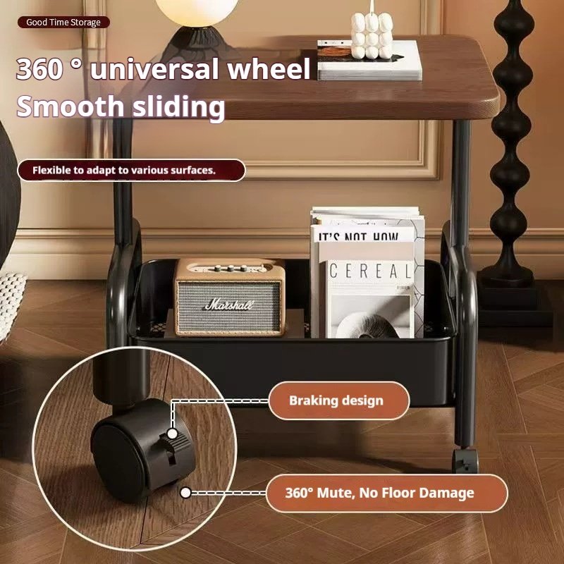 2 Tier Lightweight Sofa Side Table With Wheels & Storage Basket, Movable Storage Organizer Coffee Table For Office, Bedroom