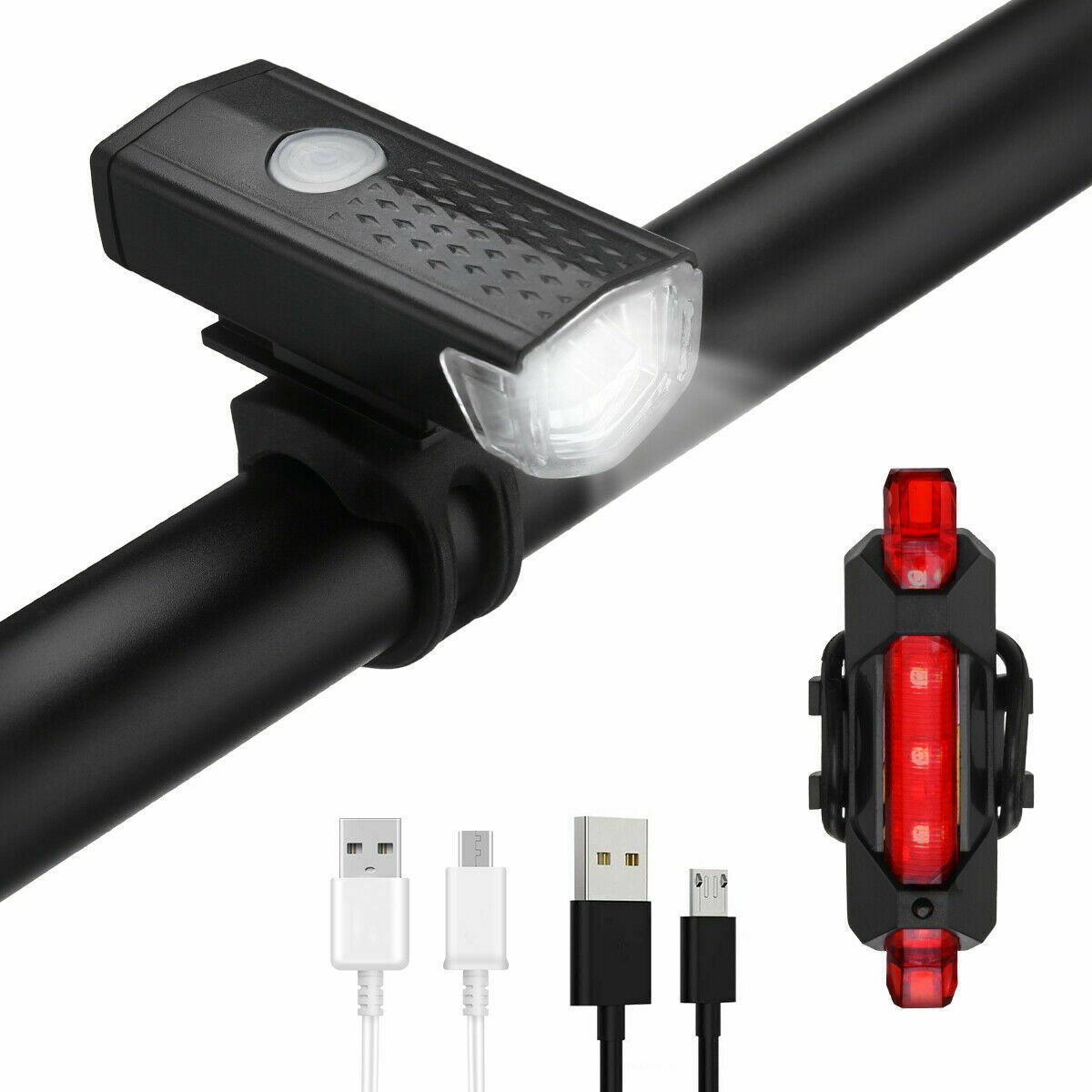 USB Rechargeable LED Bike Headlight (Front & Rear, Rainproof)