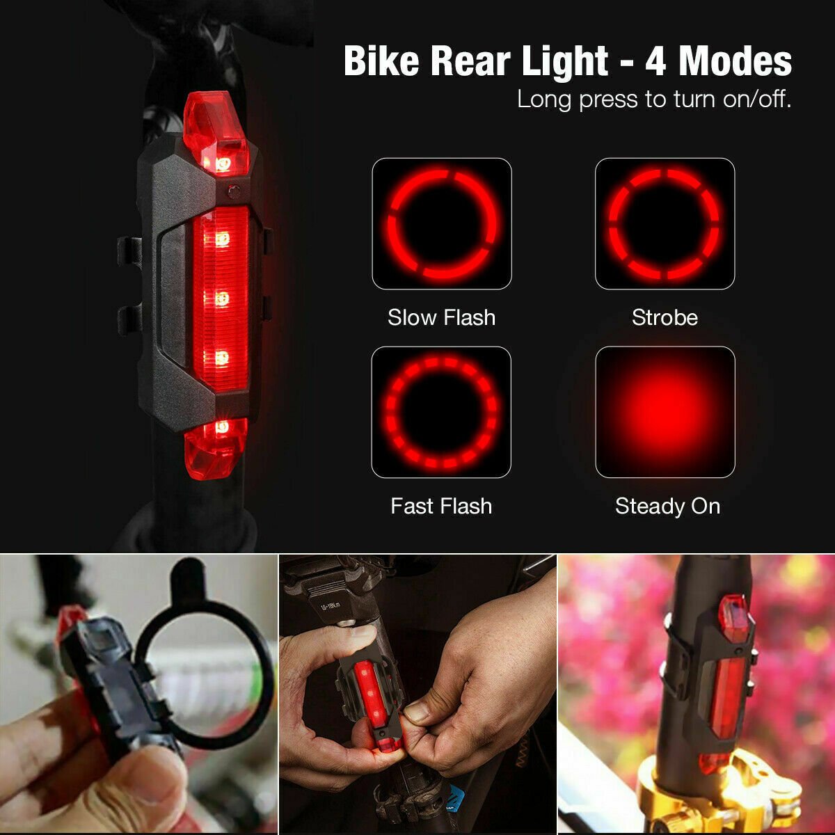 USB Rechargeable LED Bike Headlight (Front & Rear, Rainproof)