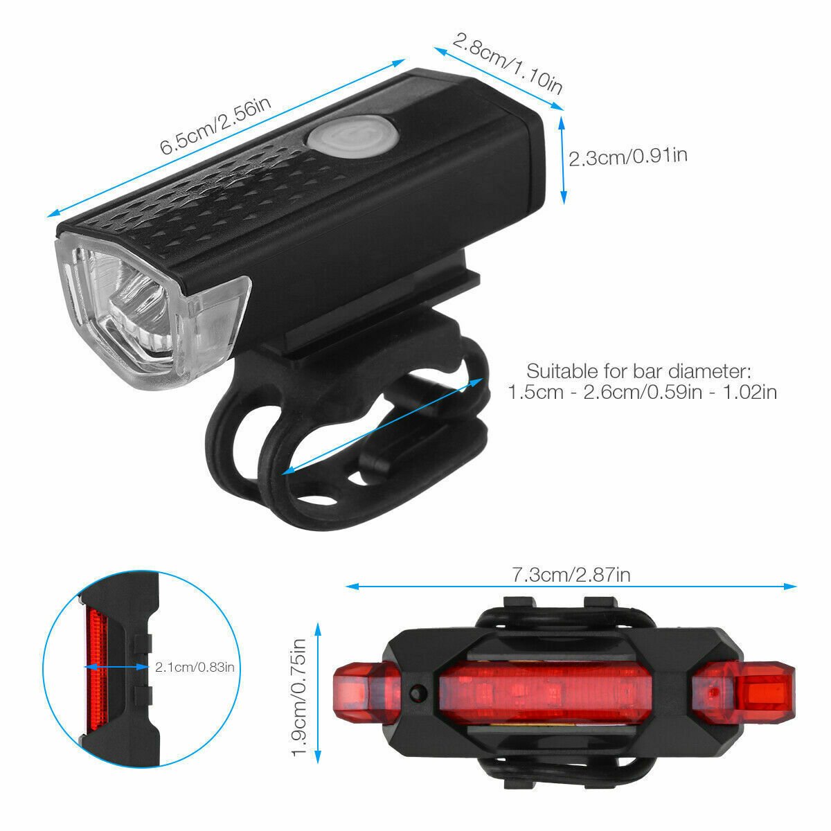USB Rechargeable LED Bike Headlight (Front & Rear, Rainproof)