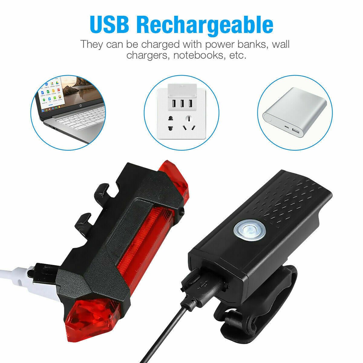 USB Rechargeable LED Bike Headlight (Front & Rear, Rainproof)