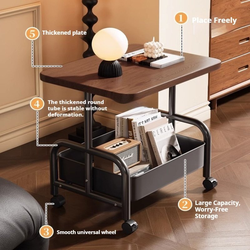 2 Tier Lightweight Sofa Side Table With Wheels & Storage Basket, Movable Storage Organizer Coffee Table For Office, Bedroom
