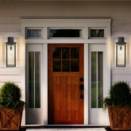 20inch Height Set Of 2 Modern Outdoor Wall Lanterns With Black Metal Frame And Clear Glass, Weatherproof Wall Sconces For Porch, Garage, Or Entryway Lighting, E26 Bulb Compatible No Bulbs