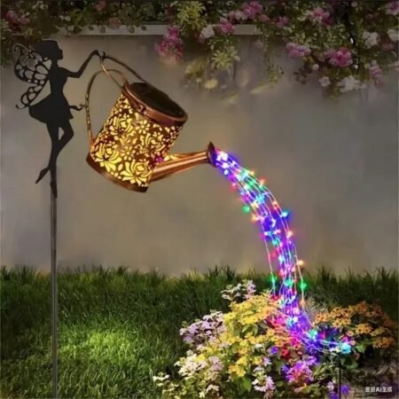 Ouddy Decor Fairy Garden Decor With Solar Watering Can, Metal Statues With Hanging Lanterns Waterfall Lights Silhouette Waterproof For Lawn Pathway Decorations Gardening Gifts For Mother's Day