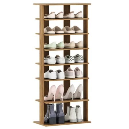 7-Tier Double-Row Shoe Rack With Adjustable Shelves, Anti-Tipping Narrow Storage Rack For Entryway Closet-Natural