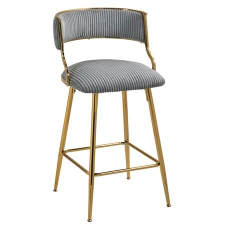 Set of 2 Counter Height Bar Stools (Corduroy, Gold Base, Grey)