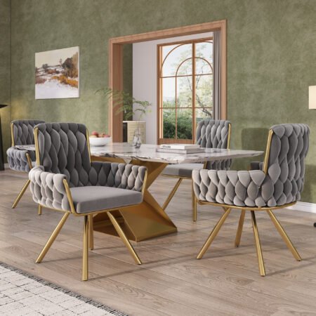 Set Of 4, Velvet Dining Chair, Armchair, Single Luxurious Living Room And Bedroom Swivel Chair, Leisure Swivel Chair With Four Metal Support Legs, Gray