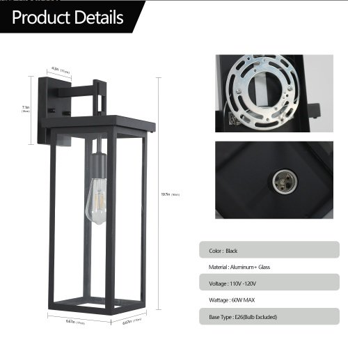 20in Outdoor Wall Lantern Set of 2 (Black, Weatherproof)
