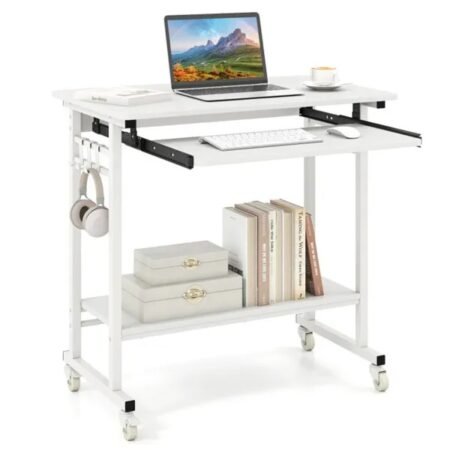 Mobile Computer Desk with Keyboard Tray & Storage (White, Lockable Wheels)