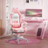 Pink Faux Leather Gaming Chair with Footrest & Lumbar Support