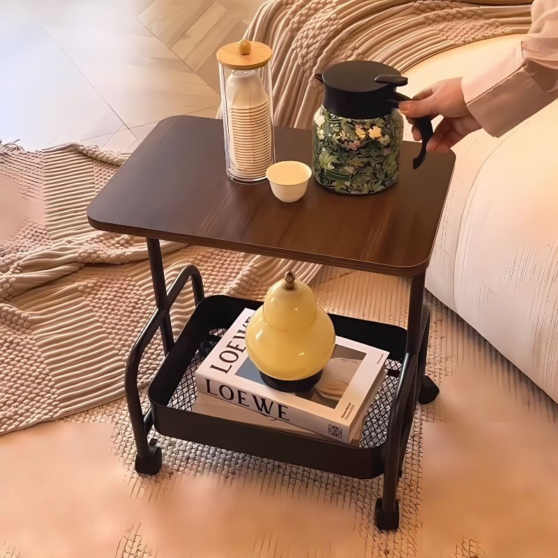 2 Tier Lightweight Sofa Side Table With Wheels & Storage Basket, Movable Storage Organizer Coffee Table For Office, Bedroom