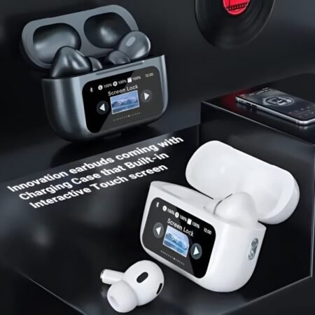 Black A9 Pro ANC Bluetooth 5.4 Wireless Earbuds with Smart Screen and Active Noise Cancellation
