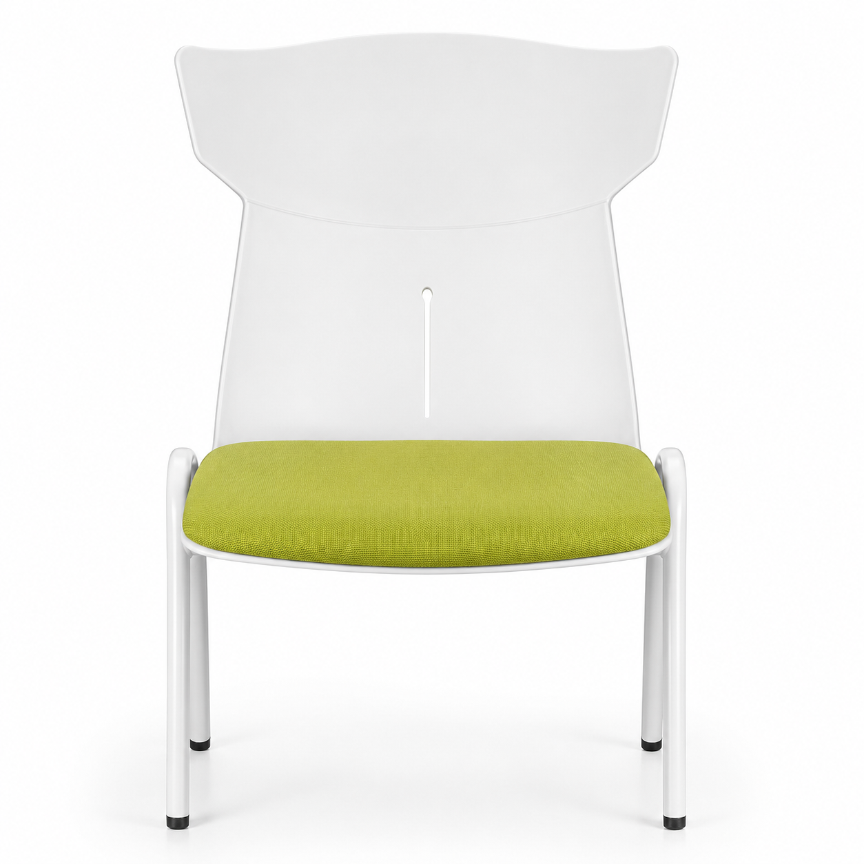 White and green visitor chair with cushioned fabric seat and metal legs