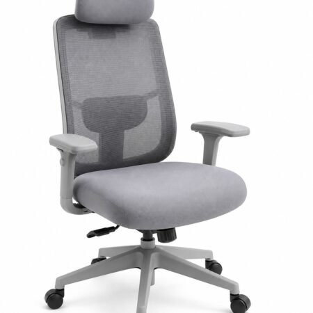 Grey mesh ergonomic office chair with headrest and adjustable armrests