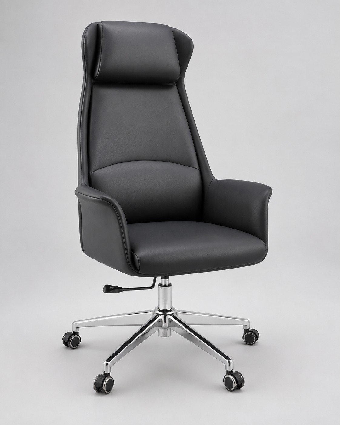 Black high-back executive office chair with padded seat and wheeled base