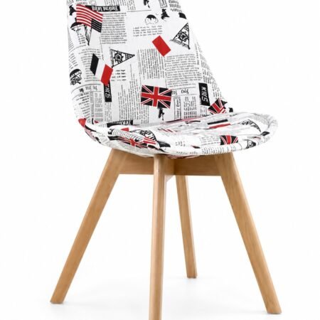 Newspaper print fabric accent chair with curved backrest and wooden legs