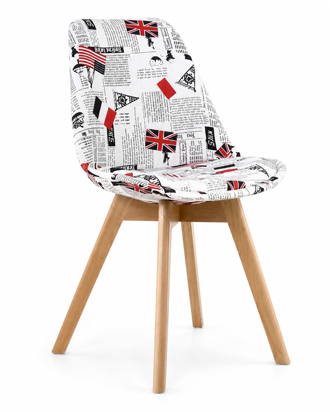 Newspaper print fabric accent chair with curved backrest and wooden legs