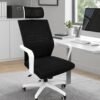 Black and white mesh ergonomic office chair with adjustable headrest