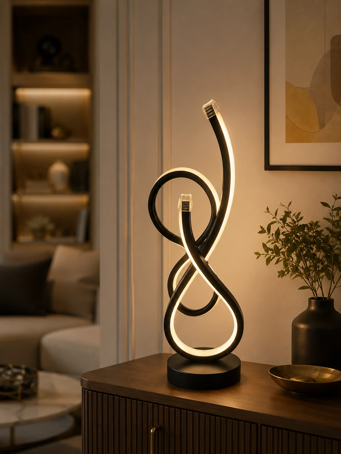 Modern black sculptural LED table lamp with warm white light