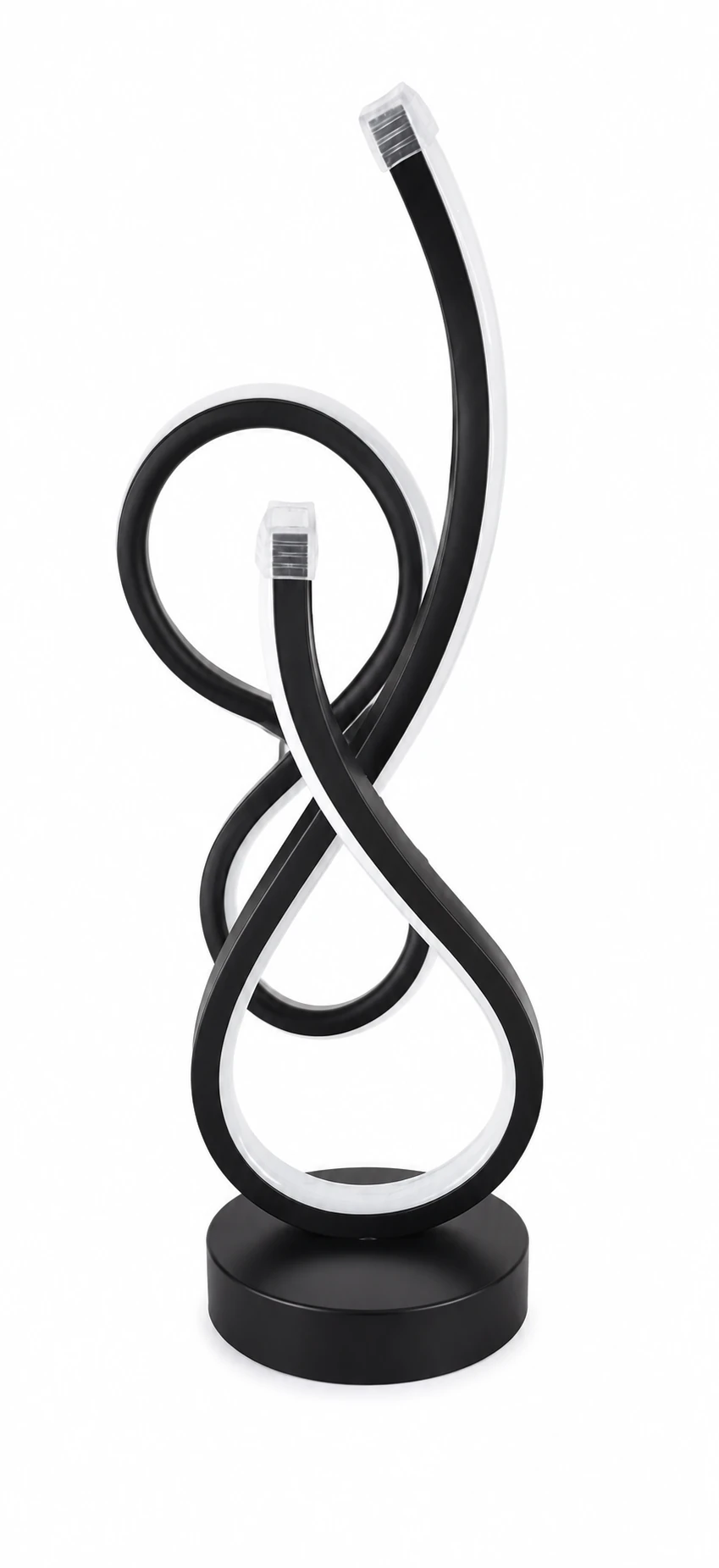 Modern black sculptural LED table lamp with warm white light