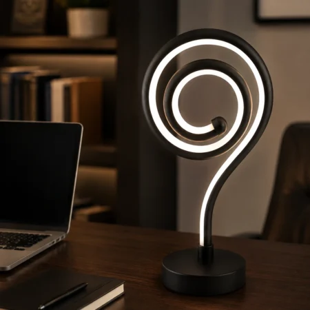 Modern black spiral LED table lamp with white light