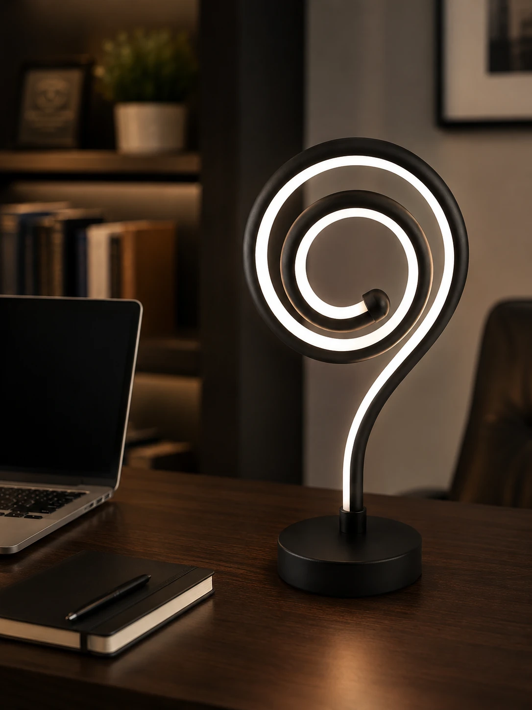 Modern black spiral LED table lamp with white light