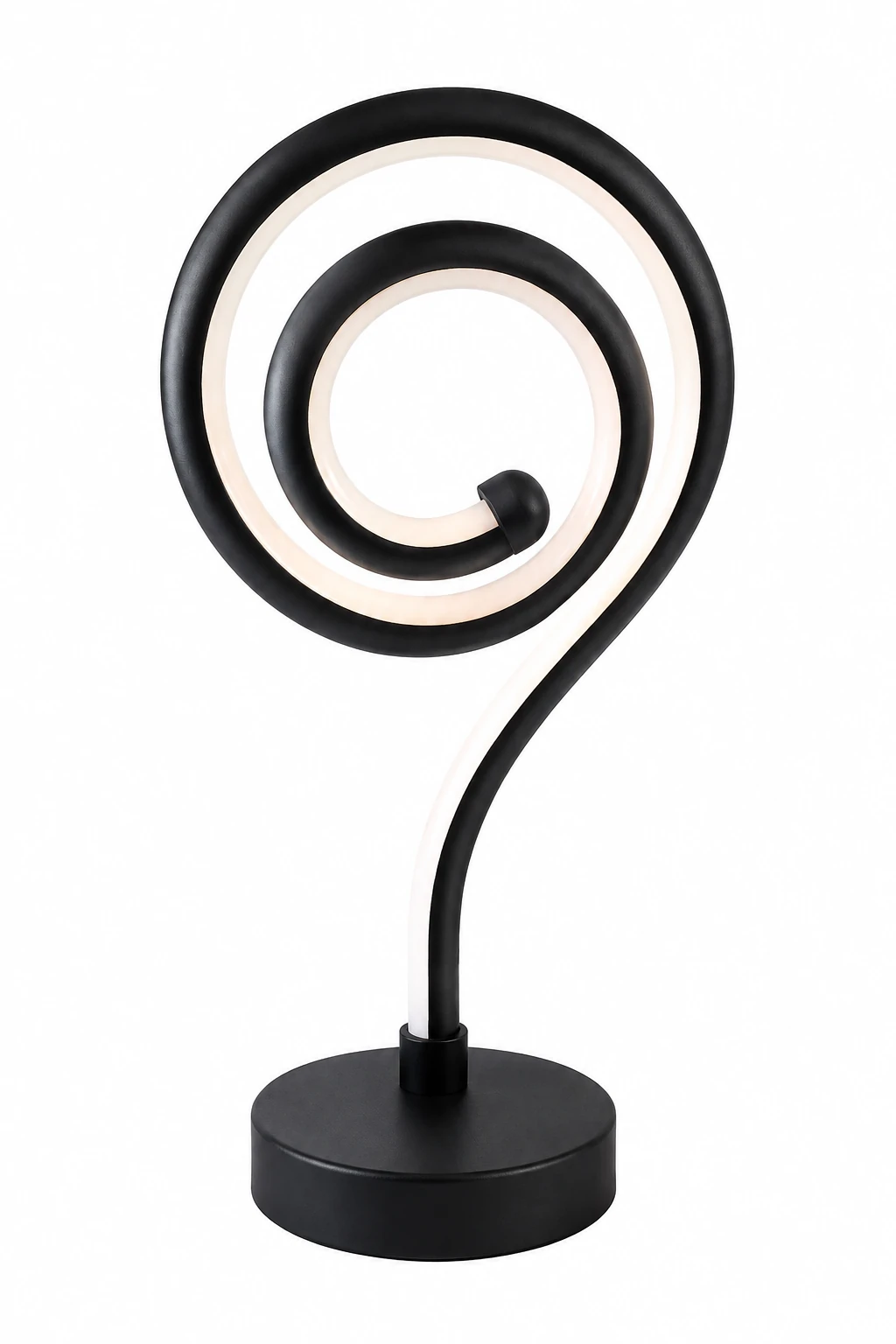Modern black spiral LED table lamp with white light