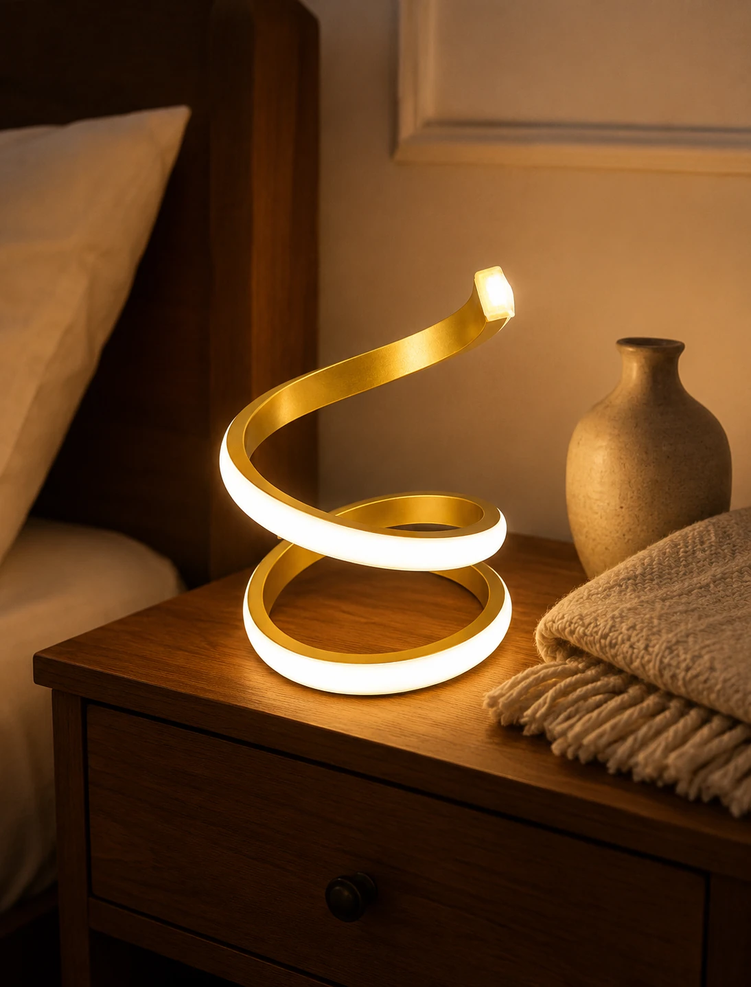 Modern gold spiral LED table lamp with white light