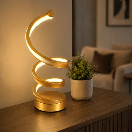 Modern gold spiral LED table lamp with warm white light