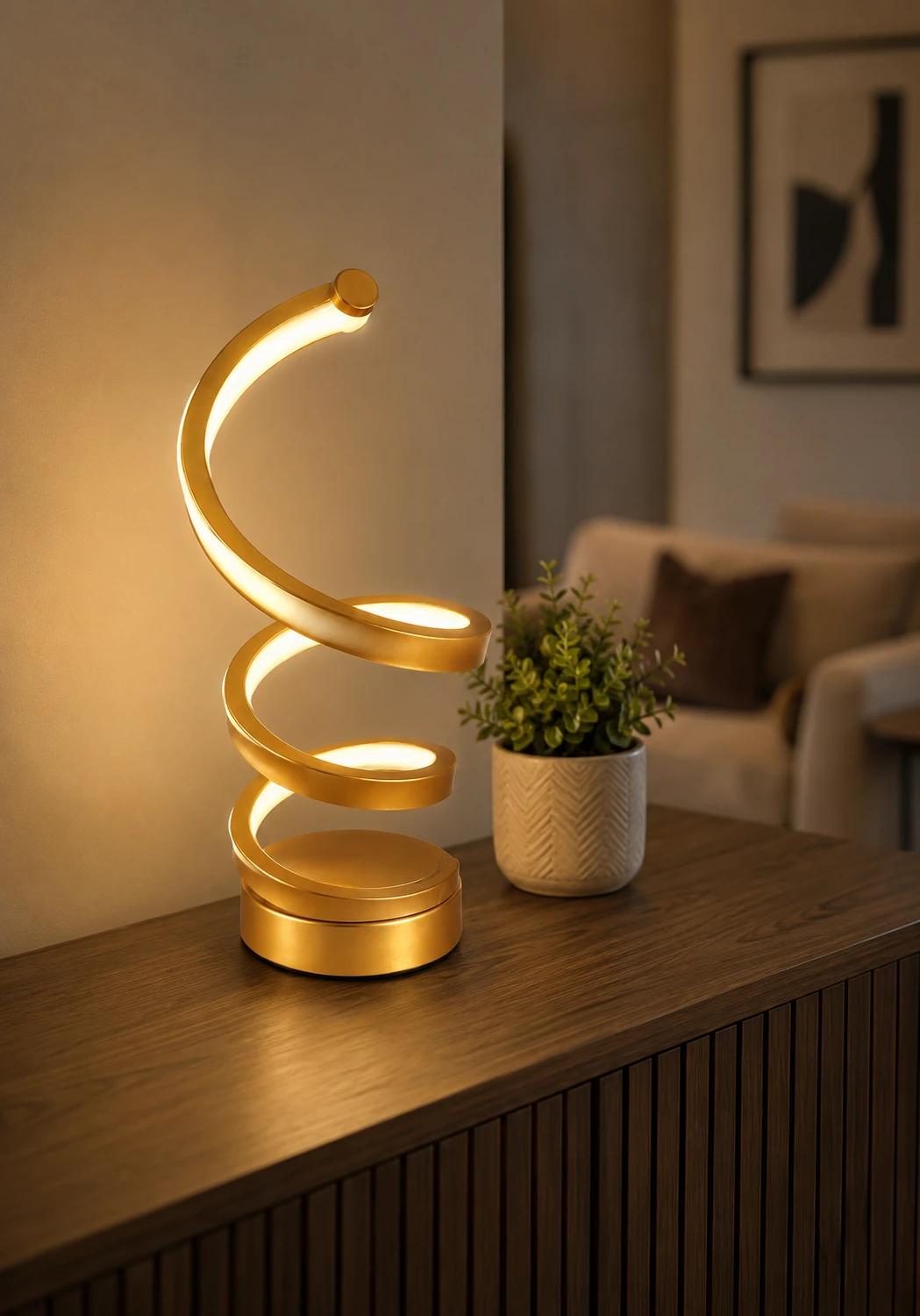 Modern gold spiral LED table lamp with warm white light