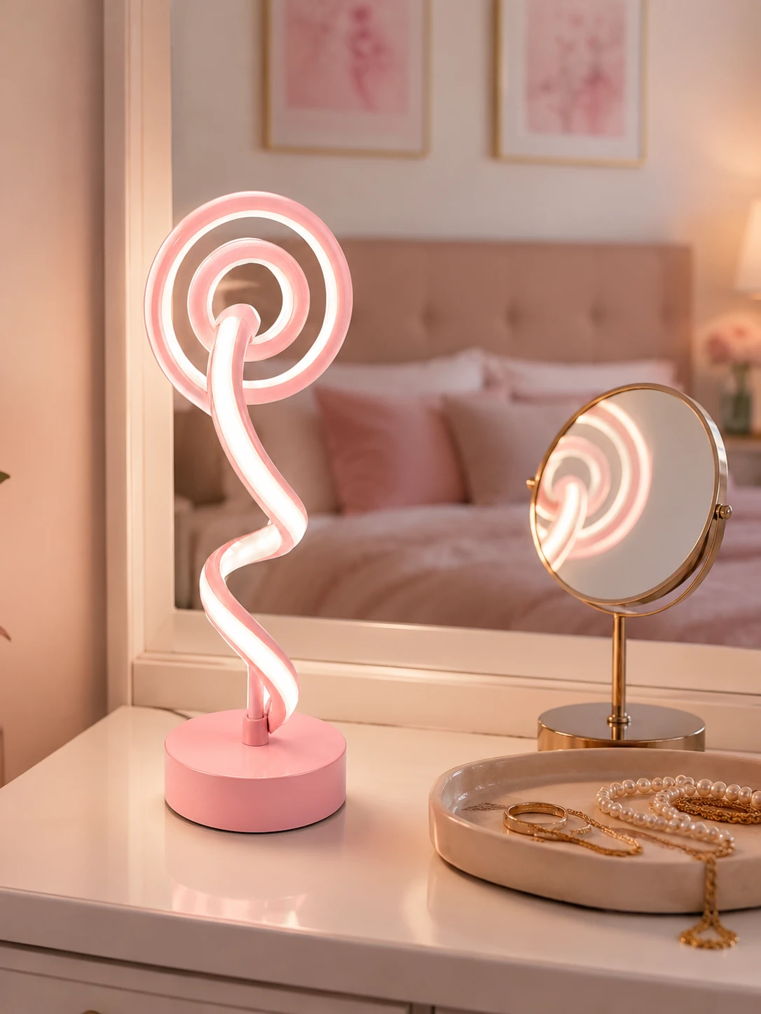 Modern pink spiral LED table lamp with white light