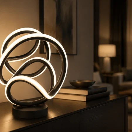 Modern black LED loop table lamp with warm ambient light