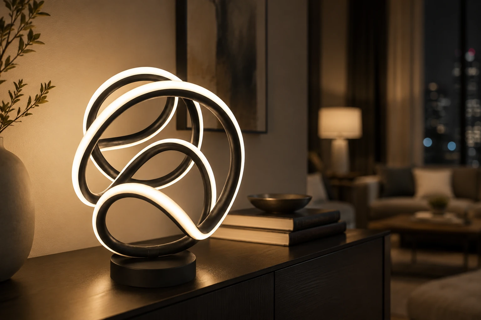 Modern black LED loop table lamp with warm ambient light