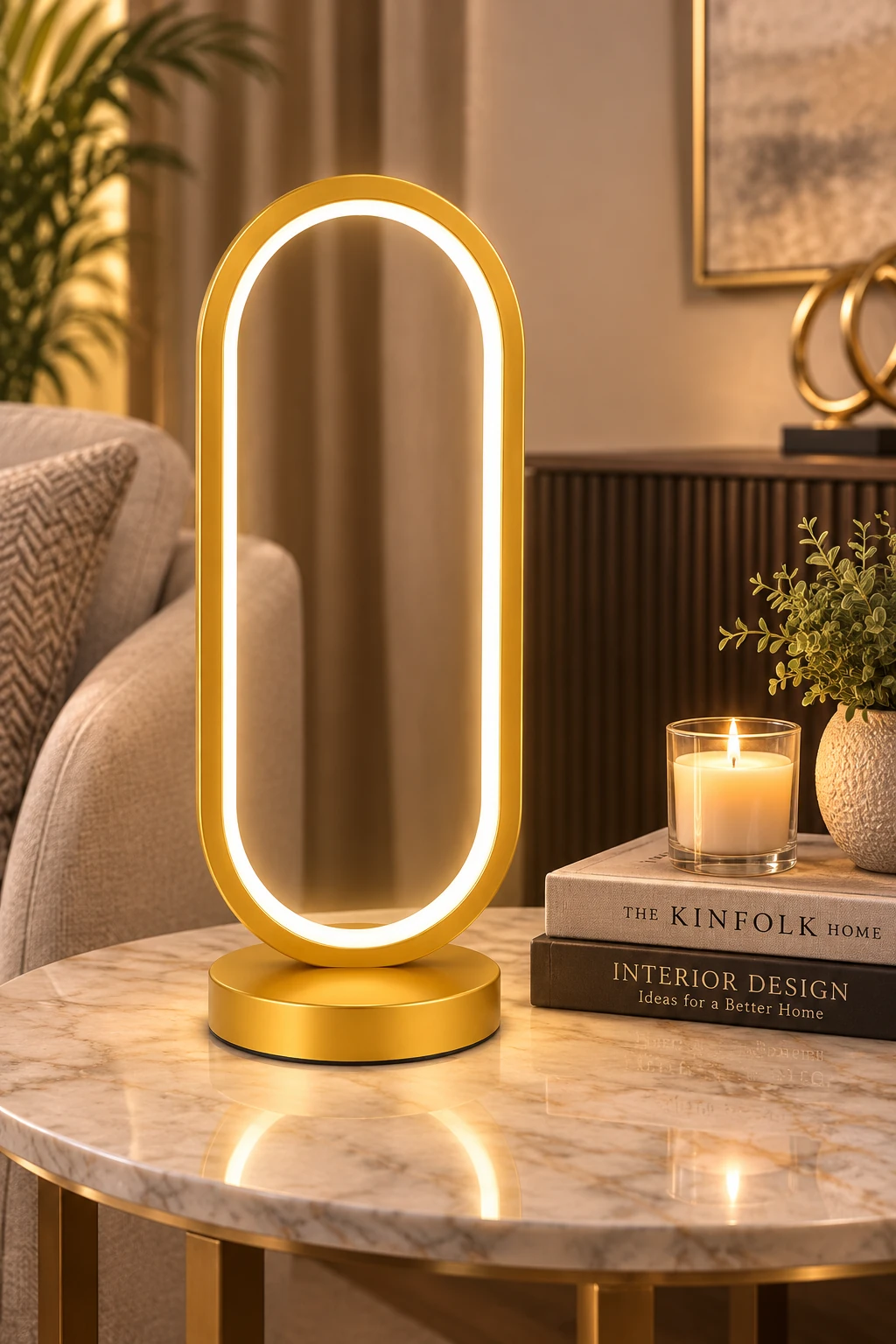 Modern gold LED arch table lamp with warm ambient light