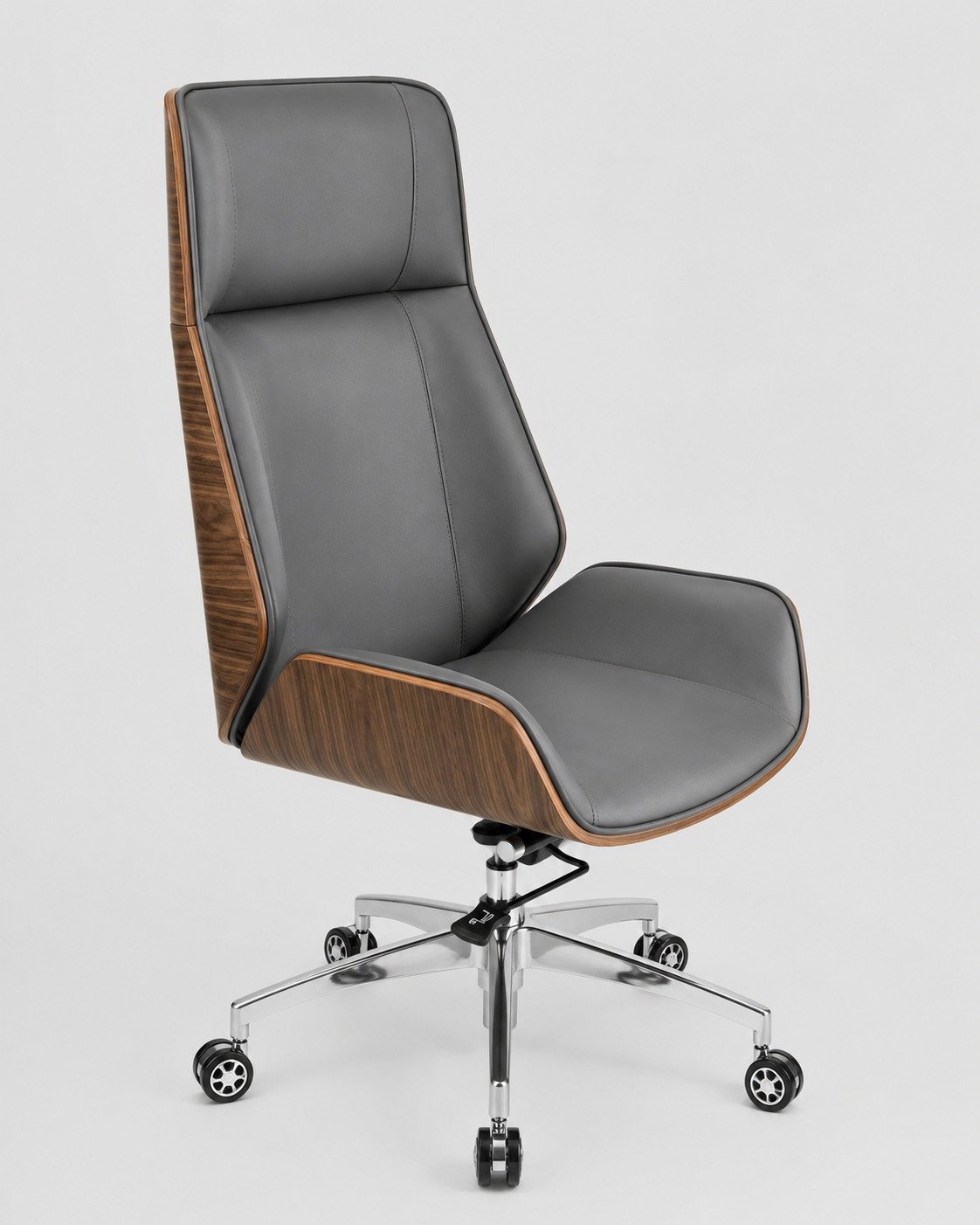 Grey and wood executive office chair with chrome base