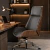 Grey and wood executive office chair with chrome base