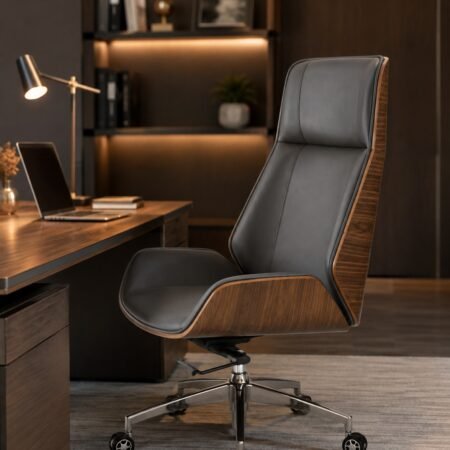 Grey and wood executive office chair with chrome base