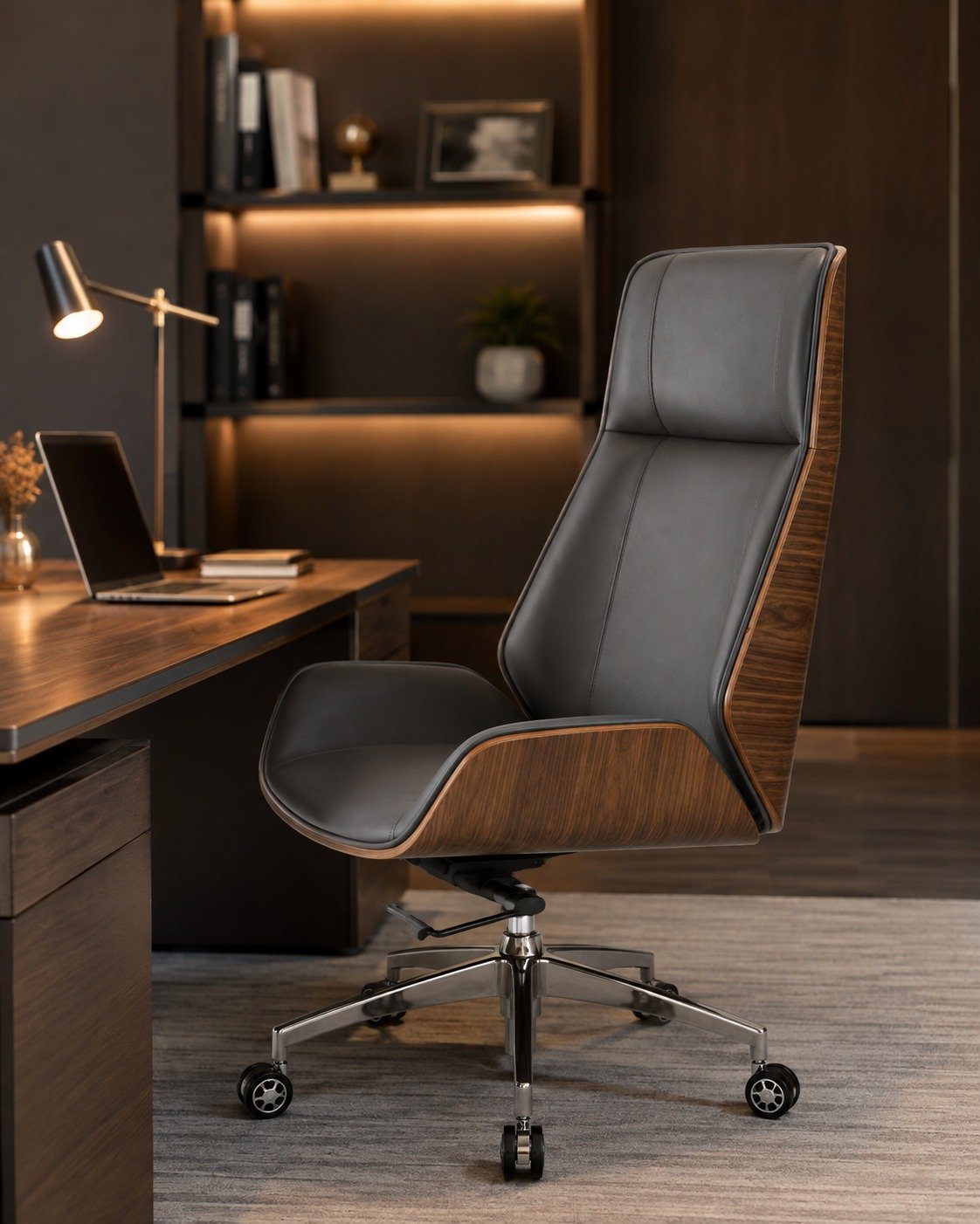 Grey and wood executive office chair with chrome base