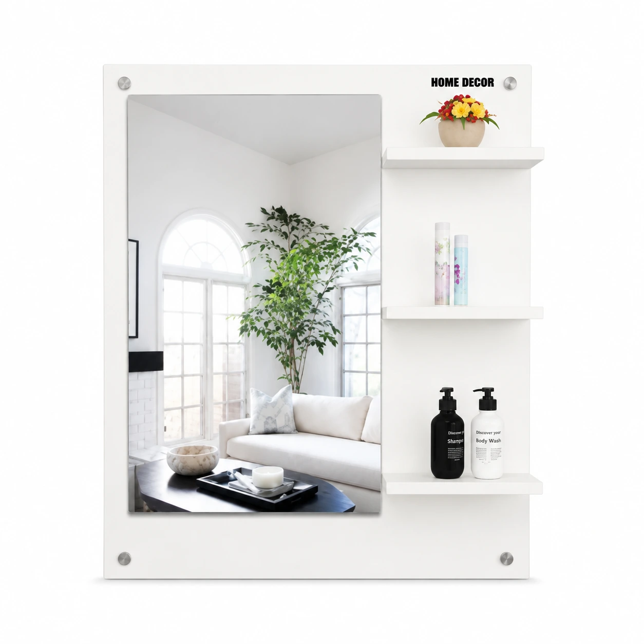 White decorative wall mirror with shelves