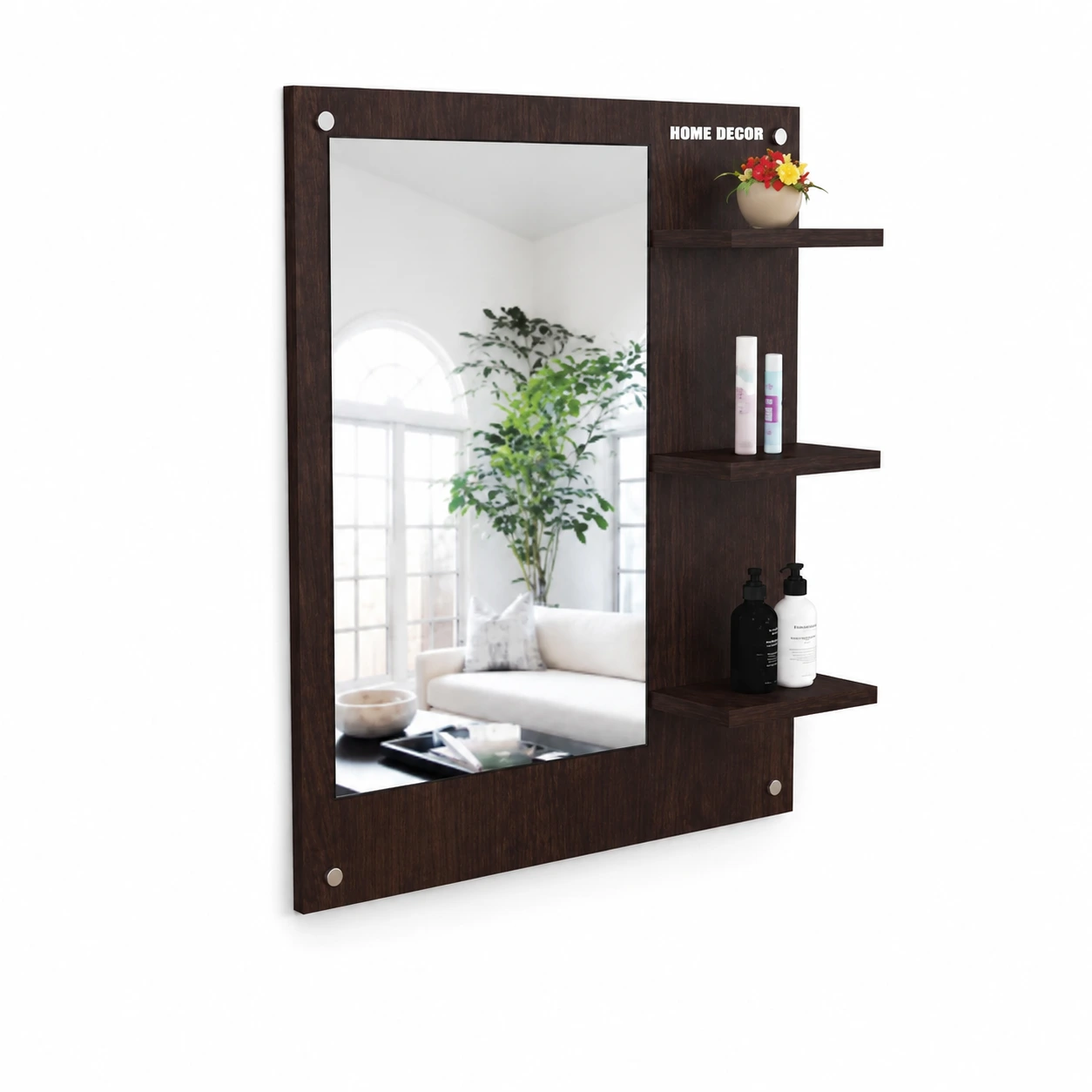 Dark brown decorative wall mirror with shelves