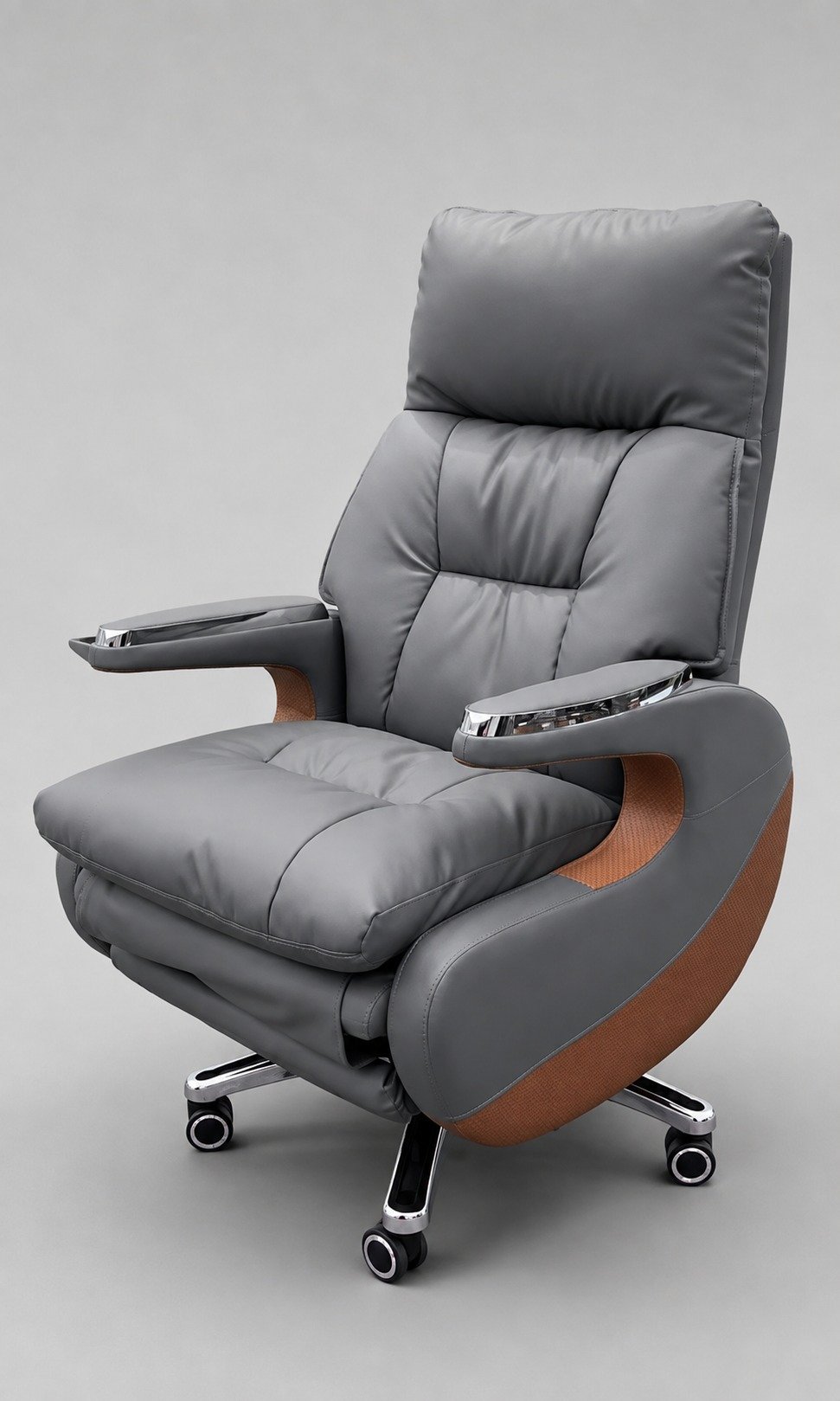Grey padded executive office chair with high backrest and chrome armrests