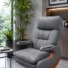 Grey padded executive office chair with high backrest and chrome armrests