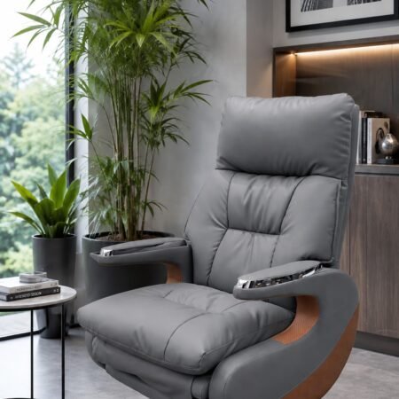 Grey padded executive office chair with high backrest and chrome armrests