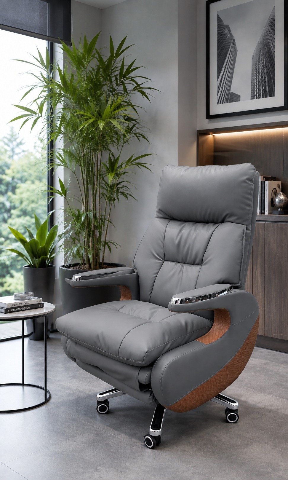 Grey padded executive office chair with high backrest and chrome armrests