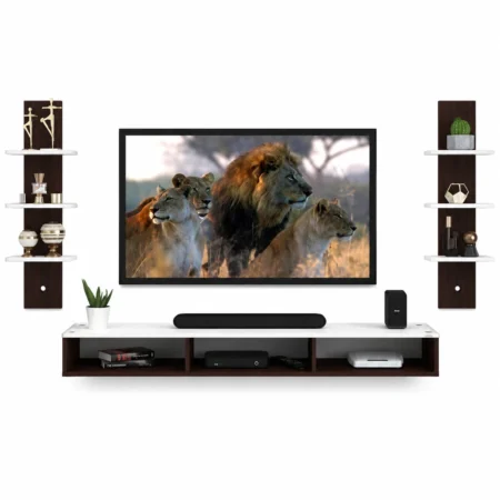 Wenge and White Wall Mount TV Unit with Shelves