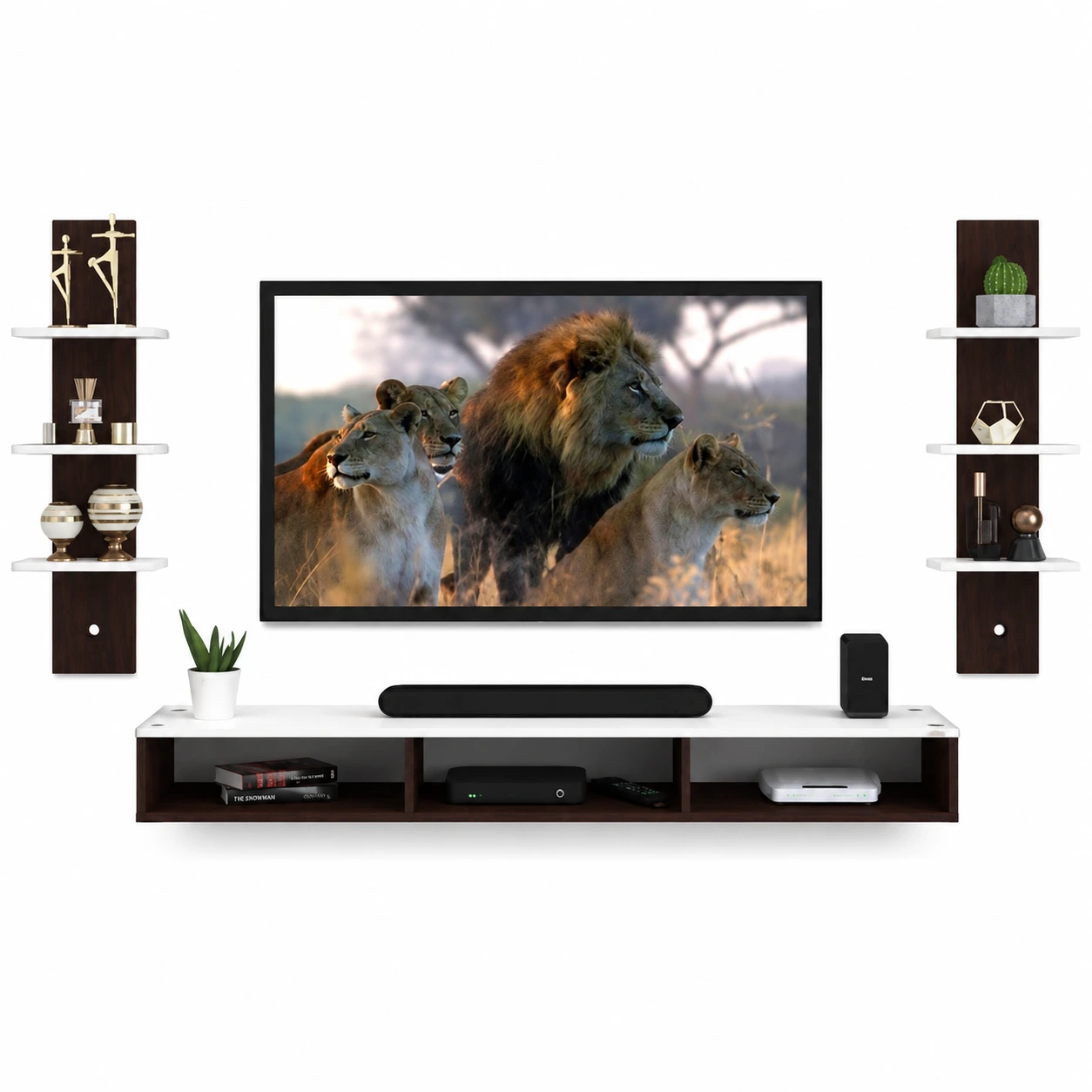 Wenge and White Wall Mount TV Unit with Shelves