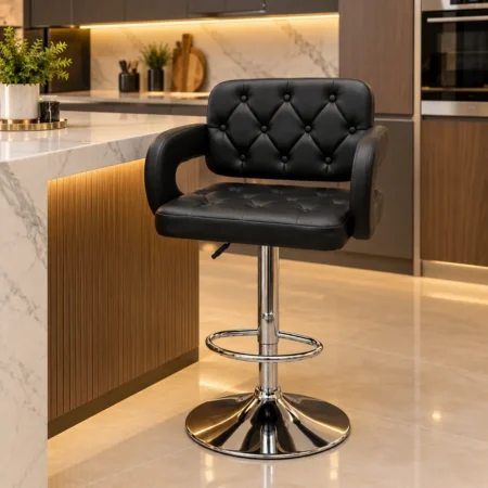 Black tufted adjustable bar stool with chrome base