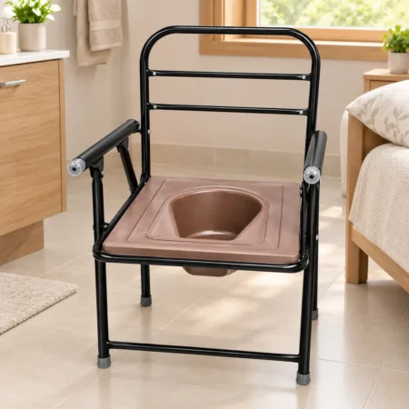 Portable commode chair with brown seat and black frame